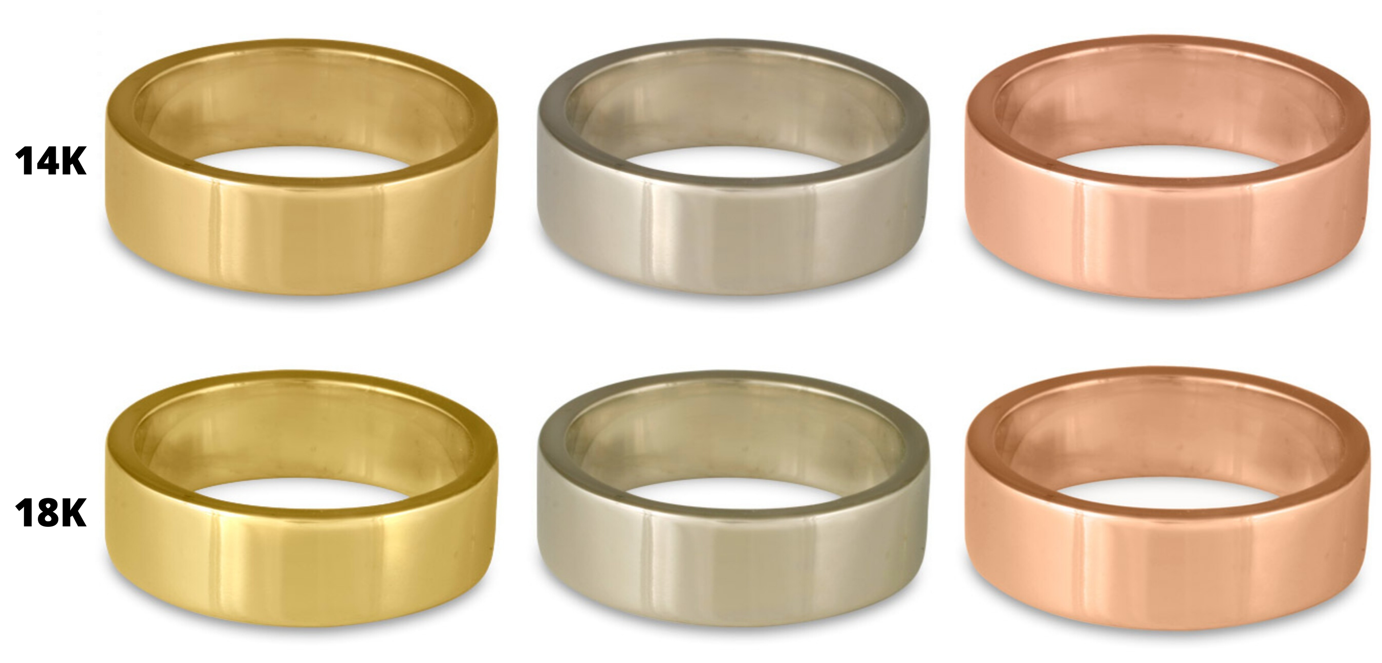 7mm wide men's comfort fit wedding bands shown here in 14K and 18K yellow, white, and rose gold.